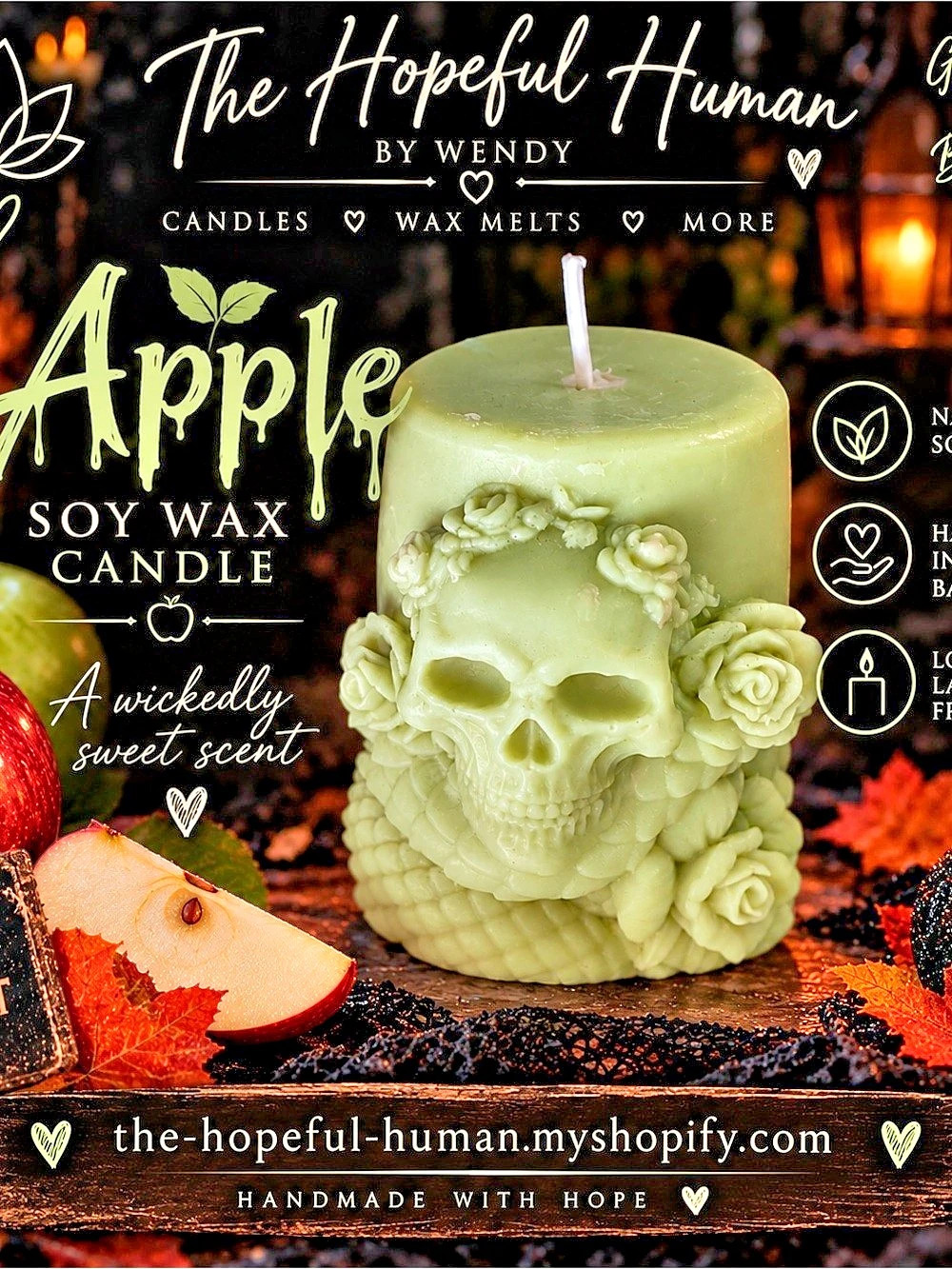 The Hopeful Human Apple scented Skull Soy Wax Candle Green & White NWT